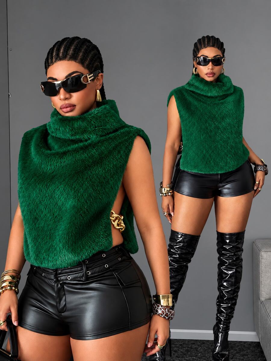 Maweii American Vintage High Neck Ruffled Faux Mink Fur Sleeveless Cropped Vest Top - Dark Green - View 1