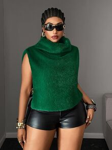 Maweii American Vintage High Neck Ruffled Faux Mink Fur Sleeveless Cropped Vest Top - Dark Green - View 6