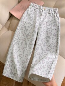 SHEIN 女童奶油白波點寬腿褲，寬鬆直筒休閒牛仔風長褲，適合日常上學、度假，秋季與冬季穿著 - 淺灰色 - 查看 8