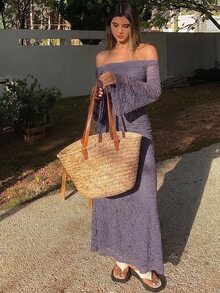 DAZY Women's Elegant Lace Off Shoulder Long Dress, Spring/Summer Sun Dresses For Women - Purple - View 4