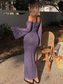 DAZY Women's Elegant Lace Off Shoulder Long Dress, Spring/Summer Sun Dresses For Women - Purple - View 2
