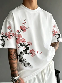 Resyla Men 男士中式水墨梅花印花短袖T恤，圓領寬鬆版型新中式街頭風休閒上衣 - 彩色 - 查看 5
