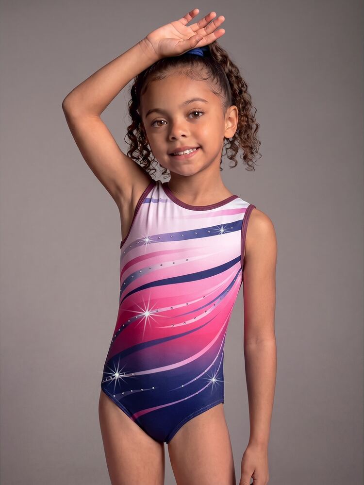 Girls' Purple & Pink Gradient Leotard Set, Purple Gradient, New Young Girl' Sportswear, Hot-Selling Style, Essential For Sports, Digital Print & Rhinestone Dance Outfit, Matching Same-Color Shorts, Suitable For Gymnastics, Dance Performance, Etc. - Purple - View 5