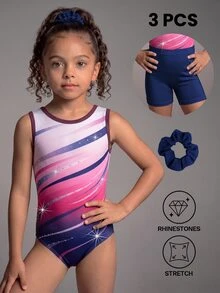 Set Leotard Gradien Ungu & Merah Muda untuk Anak Perempuan, Gradien Ungu, Pakaian Olahraga Anak Perempuan Terbaru, Gaya Terlaris, Penting untuk Olahraga, Pakaian Tari Cetak Digital & Rhinestone, Celana Pendek Warna Senada, Cocok untuk Senam, Pertunjukan Tari, dll. - Purple - View 1