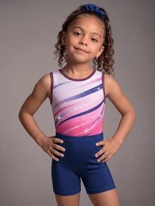 Set Leotard Gradien Ungu & Merah Muda untuk Anak Perempuan, Gradien Ungu, Pakaian Olahraga Anak Perempuan Terbaru, Gaya Terlaris, Penting untuk Olahraga, Pakaian Tari Cetak Digital & Rhinestone, Celana Pendek Warna Senada, Cocok untuk Senam, Pertunjukan Tari, dll. - Purple - View 4