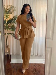 SHEIN Lady CURVE 大尺碼女款純色腰結上衣與長褲休閒日常兩件套 - 鏽棕色 - 查看 3