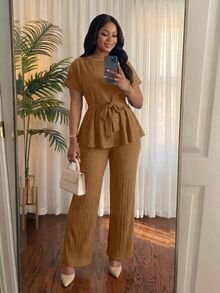 SHEIN Lady CURVE 大尺碼女款純色腰結上衣與長褲休閒日常兩件套 - 鏽棕色 - 查看 6