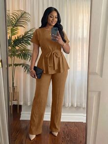 SHEIN Lady CURVE 大尺碼女款純色腰結上衣與長褲休閒日常兩件套 - 鏽棕色 - 查看 4