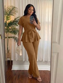 SHEIN Lady CURVE 大尺碼女款純色腰結上衣與長褲休閒日常兩件套 - 鏽棕色 - 查看 5