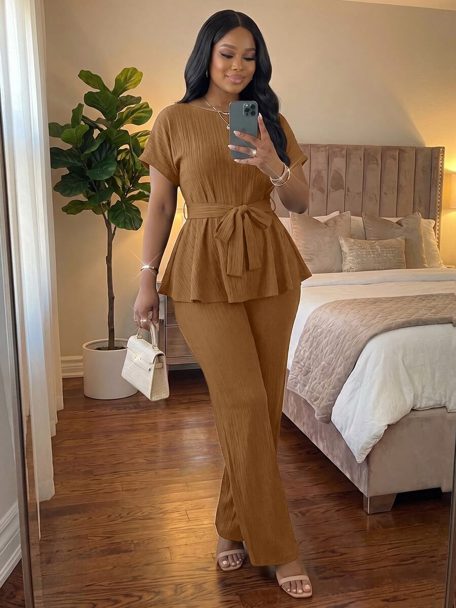 SHEIN Lady CURVE 大尺碼女款純色腰結上衣與長褲休閒日常兩件套 - 鏽棕色 - 查看 1