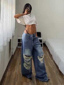 StreetHx 女士休闲时尚街头低腰破洞宽松阔腿牛仔裤 - 藍色 - 查看 7