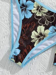 Bellisia Conjunto de 3 piezas de bikini de estilo casual de vacaciones con falda de patrón de flores, top halter para mujer, para playa y festivales de música de verano - Multicolor - Ver 4