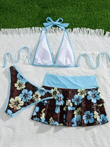 Bellisia Conjunto de 3 piezas de bikini de estilo casual de vacaciones con falda de patrón de flores, top halter para mujer, para playa y festivales de música de verano - Multicolor - Ver 2
