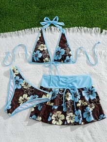 Bellisia Conjunto de 3 piezas de bikini de estilo casual de vacaciones con falda de patrón de flores, top halter para mujer, para playa y festivales de música de verano - Multicolor - Ver 5