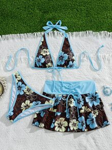 Bellisia Conjunto de 3 piezas de bikini de estilo casual de vacaciones con falda de patrón de flores, top halter para mujer, para playa y festivales de música de verano - Multicolor - Ver 6
