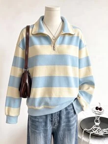 SHEIN 青少年女孩抓絨秋季衣物 淺藍色落肩長袖休閒寬鬆衛衣，假日穿搭校園風 - 彩色 - 查看 3