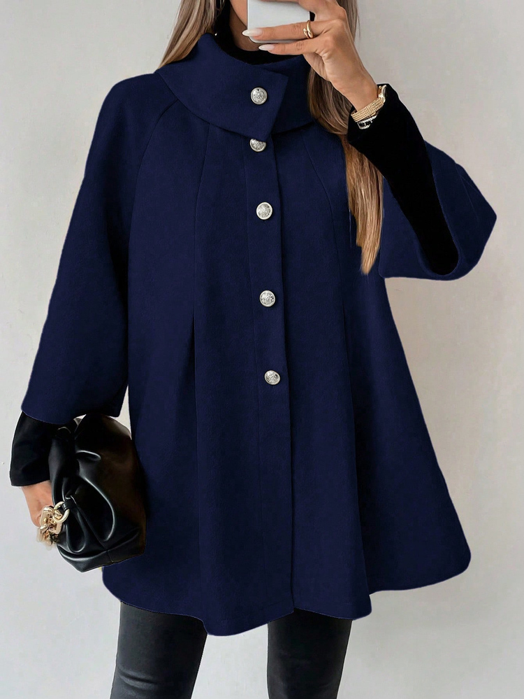 SHEIN LUNE Women's Solid Color Raglan Sleeve Single-Breasted Elegant Overcoat - Navy Blue - View 1