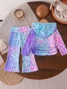 2pcs/Set Baby Girl Gradient Leopard Print Hooded T-Shirt & Side Stripe Flare Pants Outfit, Cute Gradient Color Clothing - Multicolor - View 2