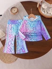 2pcs/Set Baby Girl Gradient Leopard Print Hooded T-Shirt & Side Stripe Flare Pants Outfit, Cute Gradient Color Clothing - Multicolor - View 1