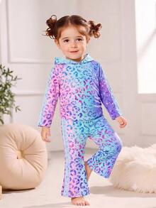 2pcs/Set Baby Girl Gradient Leopard Print Hooded T-Shirt & Side Stripe Flare Pants Outfit, Cute Gradient Color Clothing - Multicolor - View 3