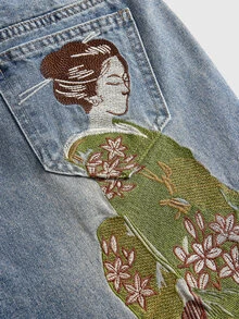 ROMWE Grunge Punk 復古日式藝伎花卉刺繡低腰寬腿牛仔褲 - 中等水洗藍 - 查看 4