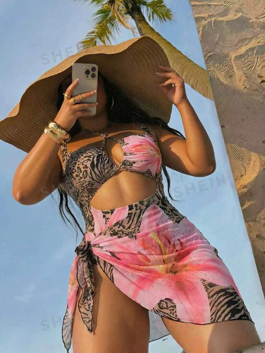 Swim SXY Plus Size Women's One-Piece Leopard Print Random Pattern 2-Piece Sexy Swimsuit