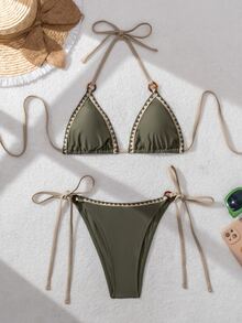 Swim Vcay Women's Green Shell Trim Swimwear Summer - Army Green - View 3