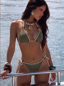 Swim Vcay Women's Green Shell Trim Swimwear Summer - Army Green - View 2