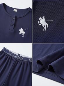 Boys' Fitted Long Sleeve Top And Long Pants Set, Autumn/Winter New Arrival, Minimalist Casual Navy Blue Ribbed Fabric With Cute Embroidered Design, Suitable For Home Wear And Pajamas - Navy Blue - View 3