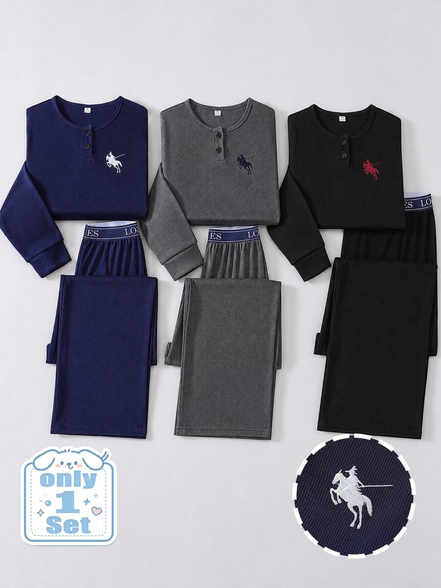 Boys' Fitted Long Sleeve Top And Long Pants Set, Autumn/Winter New Arrival, Minimalist Casual Navy Blue Ribbed Fabric With Cute Embroidered Design, Suitable For Home Wear And Pajamas - Navy Blue - View 1