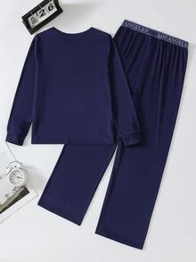 Boys' Fitted Long Sleeve Top And Long Pants Set, Autumn/Winter New Arrival, Minimalist Casual Navy Blue Ribbed Fabric With Cute Embroidered Design, Suitable For Home Wear And Pajamas - Navy Blue - View 2