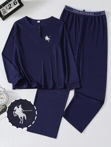 Boys' Fitted Long Sleeve Top And Long Pants Set, Autumn/Winter New Arrival, Minimalist Casual Navy Blue Ribbed Fabric With Cute Embroidered Design, Suitable For Home Wear And Pajamas - Navy Blue - View 6