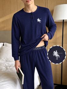 Boys' Fitted Long Sleeve Top And Long Pants Set, Autumn/Winter New Arrival, Minimalist Casual Navy Blue Ribbed Fabric With Cute Embroidered Design, Suitable For Home Wear And Pajamas - Navy Blue - View 1