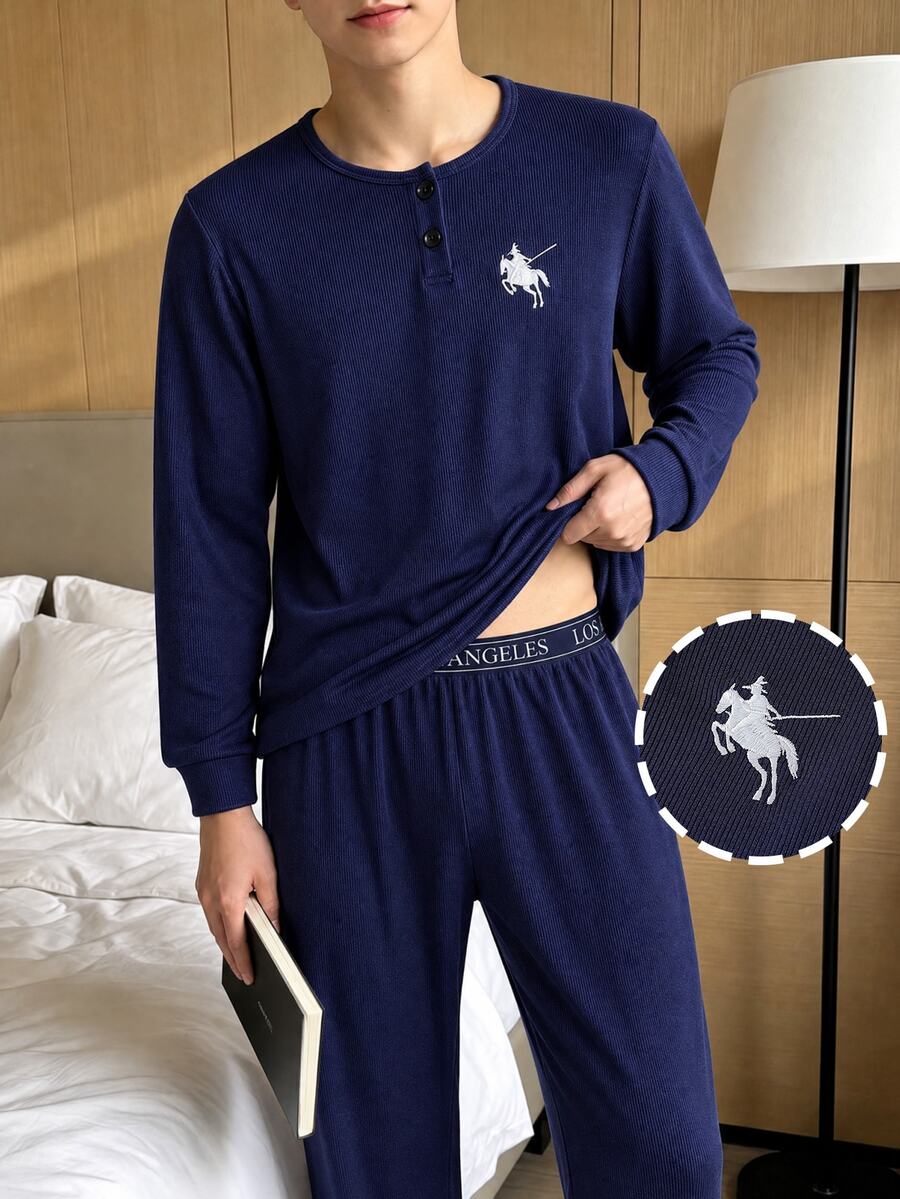 Boys' Fitted Long Sleeve Top And Long Pants Set, Autumn/Winter New Arrival, Minimalist Casual Navy Blue Ribbed Fabric With Cute Embroidered Design, Suitable For Home Wear And Pajamas - Navy Blue - View 1