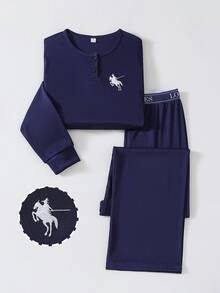 Boys' Fitted Long Sleeve Top And Long Pants Set, Autumn/Winter New Arrival, Minimalist Casual Navy Blue Ribbed Fabric With Cute Embroidered Design, Suitable For Home Wear And Pajamas - Navy Blue - View 5