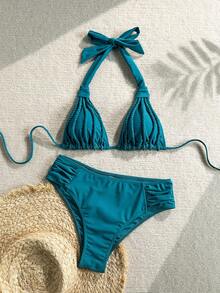 Bonvoyette Women's Elegant Casual Vacation Bikini Set, Halter Neck Sexy Bikini, Handmade Braided Rope Island Pool Party Swimwear - Dark Green - View 2