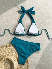 Bonvoyette Women's Elegant Casual Vacation Bikini Set, Halter Neck Sexy Bikini, Handmade Braided Rope Island Pool Party Swimwear - Dark Green - View 5
