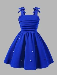 Elladie kids Young Girl' Cute Sleeveless Ruched Bowknot Decor Midi Dress, Navy Blue, Elegant For Party 7th Birthday, Summer - Blue - View 4