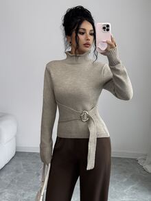 SHEIN Elenzya Half-High Neck Cinched Waist Long Sleeve Sweater With Button Detail - Khaki - View 3