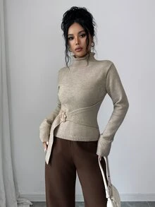 SHEIN Elenzya Half-High Neck Cinched Waist Long Sleeve Sweater With Button Detail - Khaki - View 8