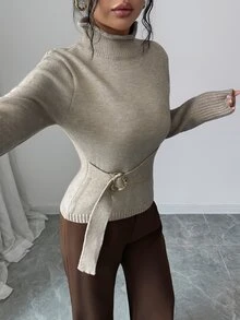 SHEIN Elenzya Half-High Neck Cinched Waist Long Sleeve Sweater With Button Detail - Khaki - View 5