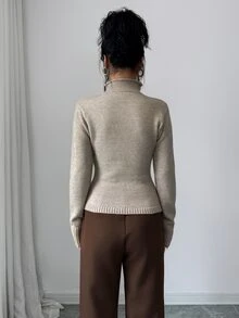 SHEIN Elenzya Half-High Neck Cinched Waist Long Sleeve Sweater With Button Detail - Khaki - View 2