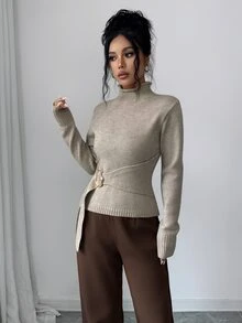SHEIN Elenzya Half-High Neck Cinched Waist Long Sleeve Sweater With Button Detail - Khaki - View 6