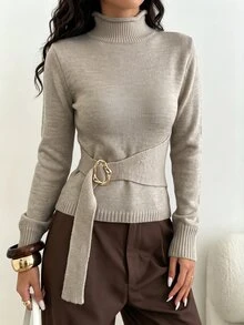 SHEIN Elenzya Half-High Neck Cinched Waist Long Sleeve Sweater With Button Detail - Khaki - View 1