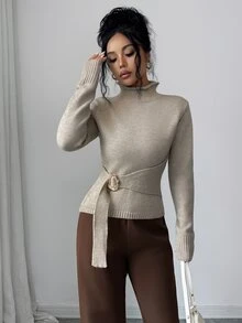 SHEIN Elenzya Half-High Neck Cinched Waist Long Sleeve Sweater With Button Detail - Khaki - View 4