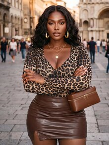 Slaydiva Plus Size Women's Bodysuit, Leopard Print Deep V Long Sleeve Skinny Shapewear - Brown - View 4