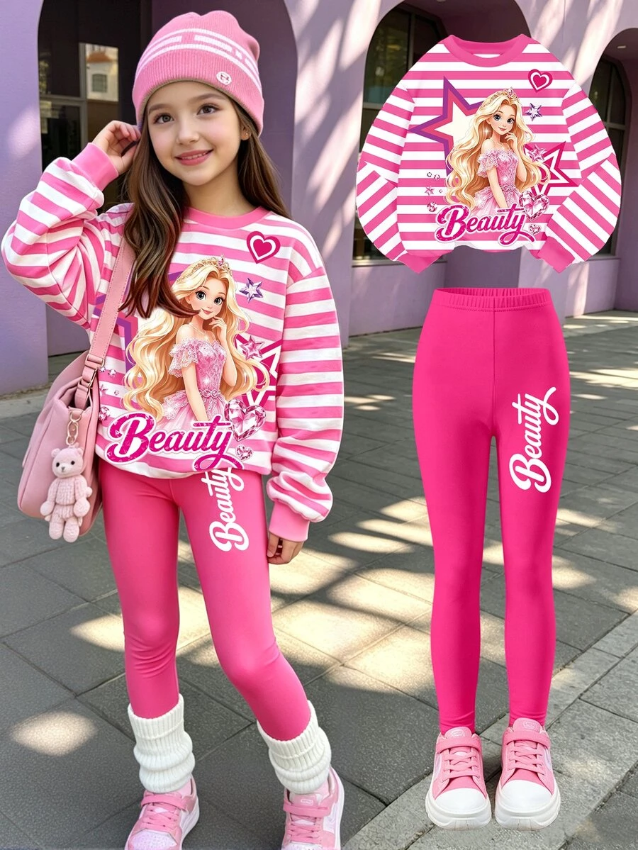 Setelan Baju dan Legging Anak Perempuan Musim Gugur Motif Putri Lucu Bergaris Leher Bulat, Pakaian Musim Gugur Musim Dingin Warna Pink & Putih - MultiWarna - View 1