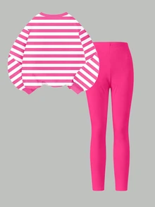 Setelan Baju dan Legging Anak Perempuan Musim Gugur Motif Putri Lucu Bergaris Leher Bulat, Pakaian Musim Gugur Musim Dingin Warna Pink & Putih - MultiWarna - View 2