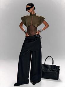 LYSMO Women's Casual Comfortable Brown Patchwork Tulle Bodysuit - Brown - View 4