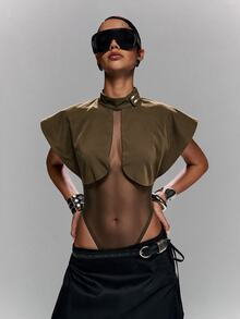 LYSMO Women's Casual Comfortable Brown Patchwork Tulle Bodysuit - Brown - View 8